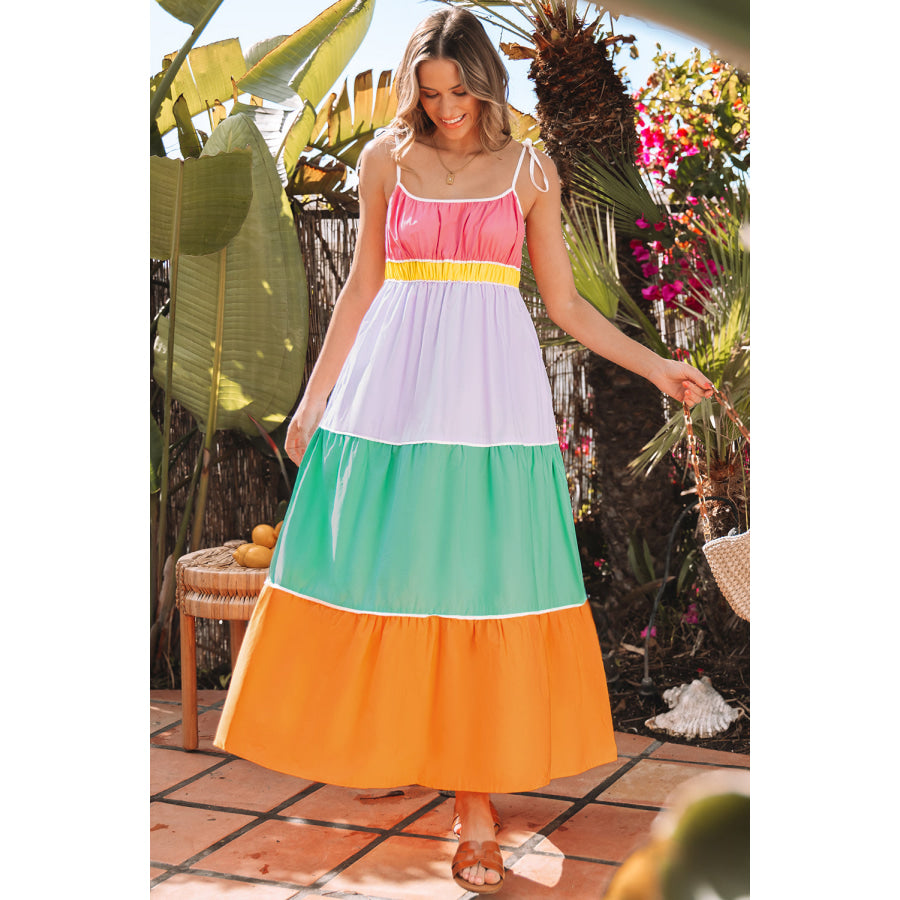 Multicolour Colorblock Self-tie Straps High Waist Flowy Maxi Dress with Pockets Dresses/Maxi Dresses