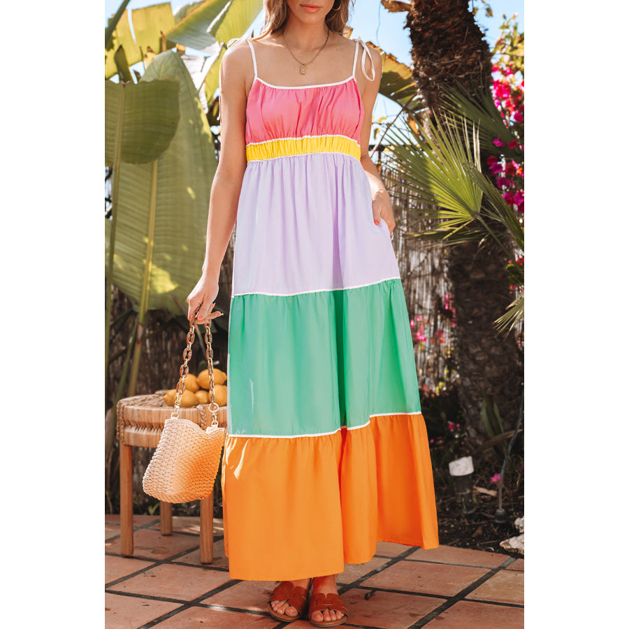 Multicolour Colorblock Self-tie Straps High Waist Flowy Maxi Dress with Pockets Dresses/Maxi Dresses