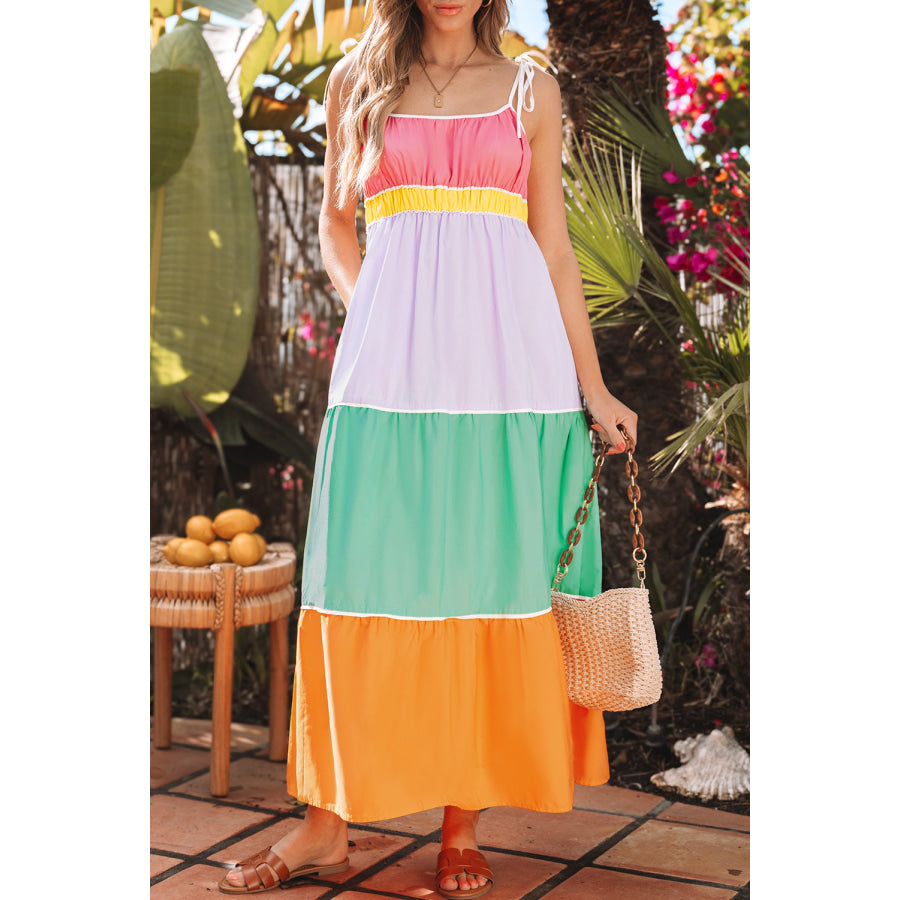 Multicolour Colorblock Self-tie Straps High Waist Flowy Maxi Dress with Pockets Dresses/Maxi Dresses