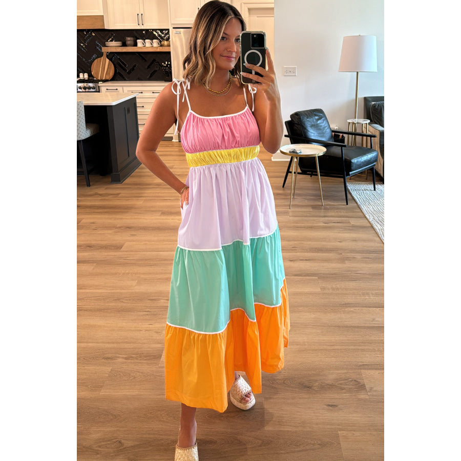 Multicolour Colorblock Self-tie Straps High Waist Flowy Maxi Dress with Pockets Dresses/Maxi Dresses