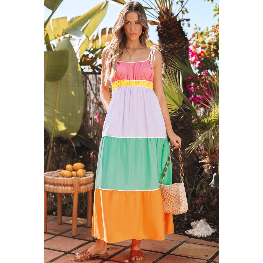 Multicolour Colorblock Self-tie Straps High Waist Flowy Maxi Dress with Pockets Dresses/Maxi Dresses