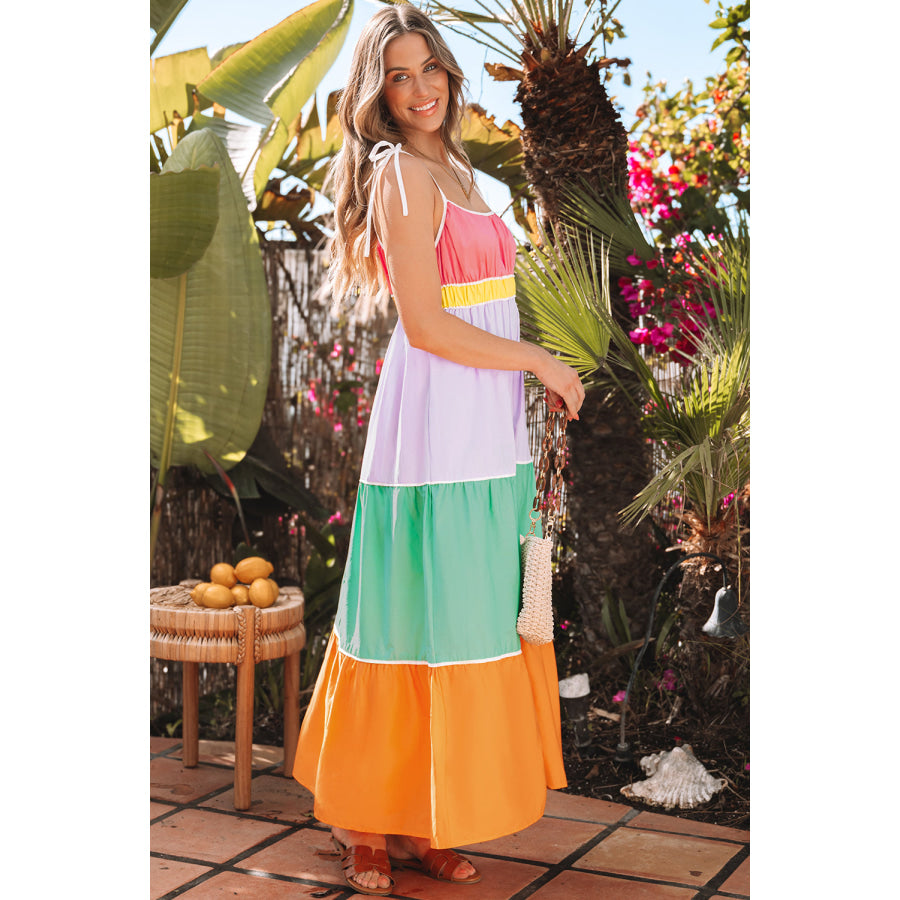 Multicolour Colorblock Self-tie Straps High Waist Flowy Maxi Dress with Pockets Dresses/Maxi Dresses