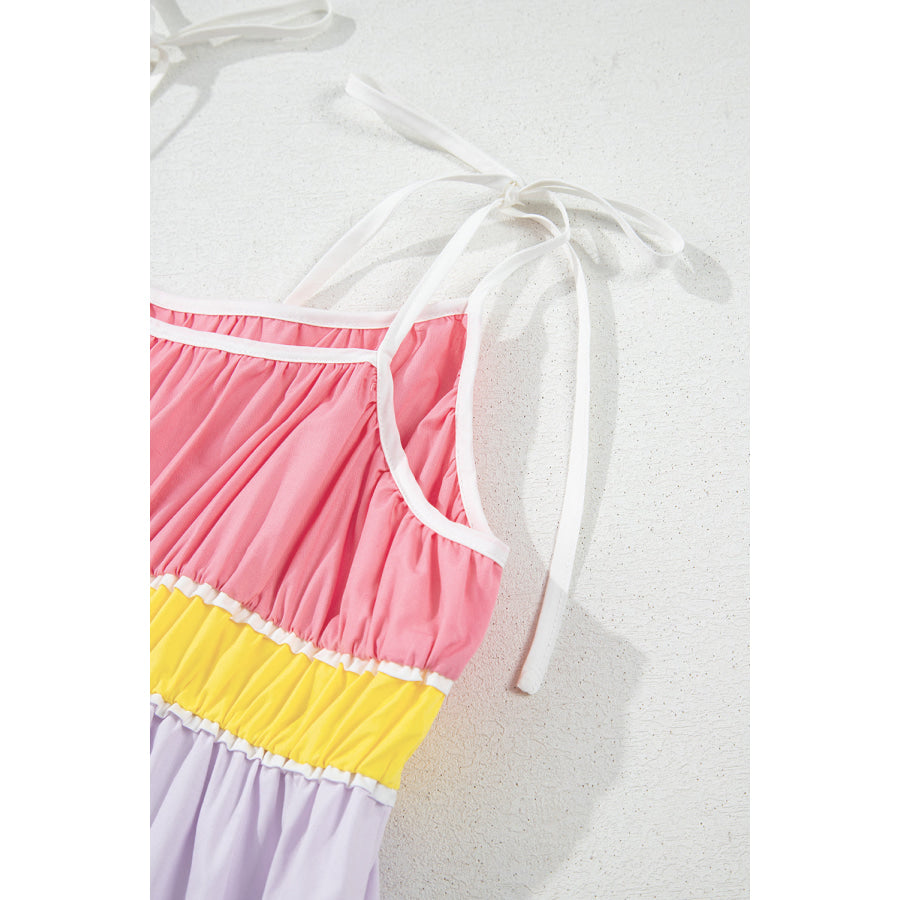 Multicolour Colorblock Self-tie Straps High Waist Flowy Maxi Dress with Pockets Dresses/Maxi Dresses