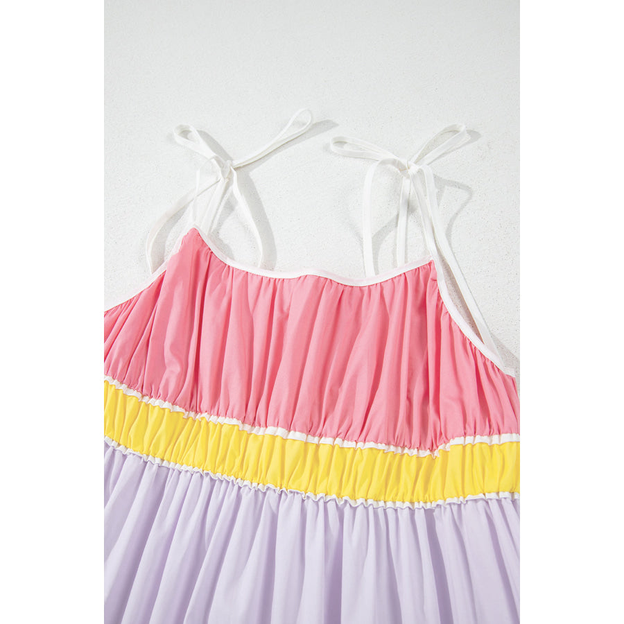 Multicolour Colorblock Self-tie Straps High Waist Flowy Maxi Dress with Pockets Dresses/Maxi Dresses