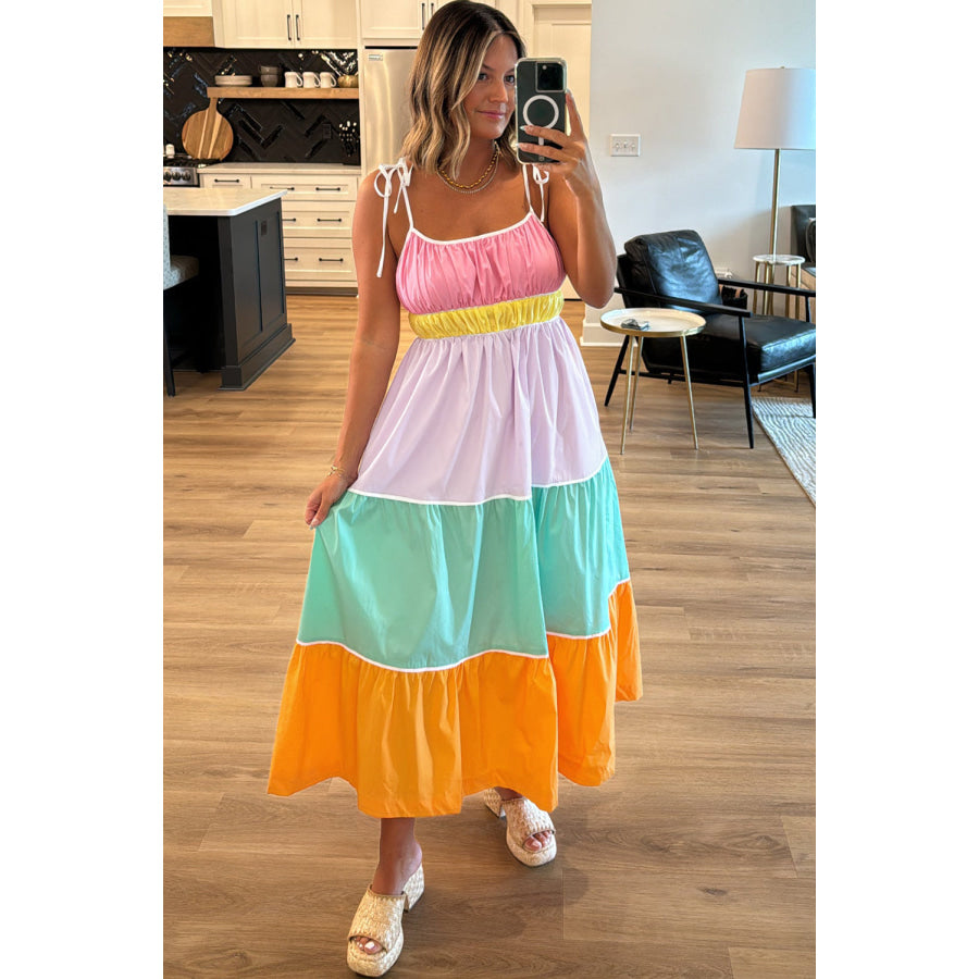 Multicolour Colorblock Self-tie Straps High Waist Flowy Maxi Dress with Pockets Dresses/Maxi Dresses