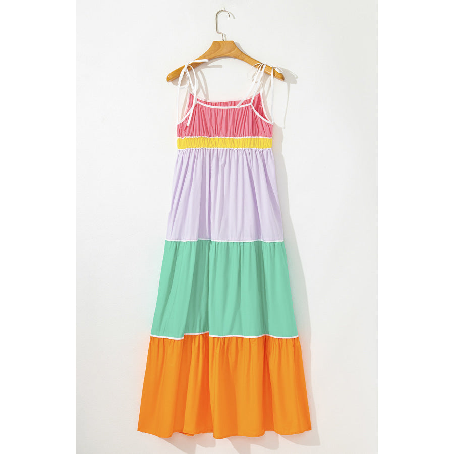 Multicolour Colorblock Self-tie Straps High Waist Flowy Maxi Dress with Pockets Dresses/Maxi Dresses