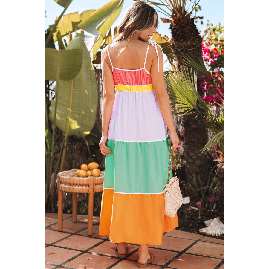Multicolour Colorblock Self-tie Straps High Waist Flowy Maxi Dress with Pockets Dresses/Maxi Dresses