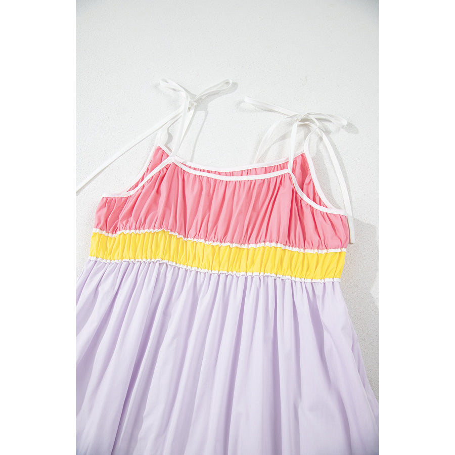 Multicolour Colorblock Self-tie Straps High Waist Flowy Maxi Dress with Pockets Dresses/Maxi Dresses