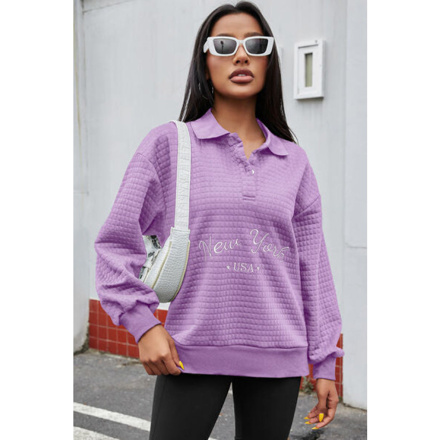 NEW YORK USA Quarter Button Dropped Shoulder Sweatshirt Apparel and Accessories