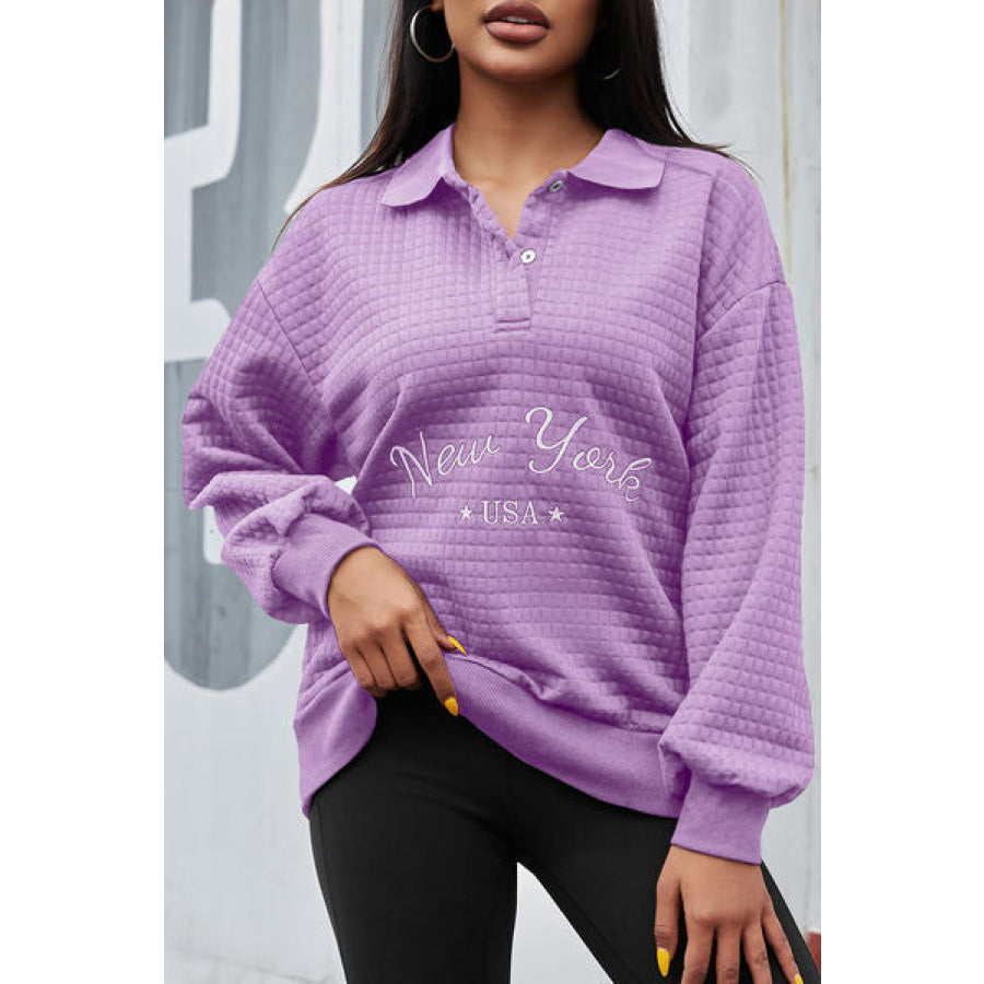 NEW YORK USA Quarter Button Dropped Shoulder Sweatshirt Lavender / XS Apparel and Accessories