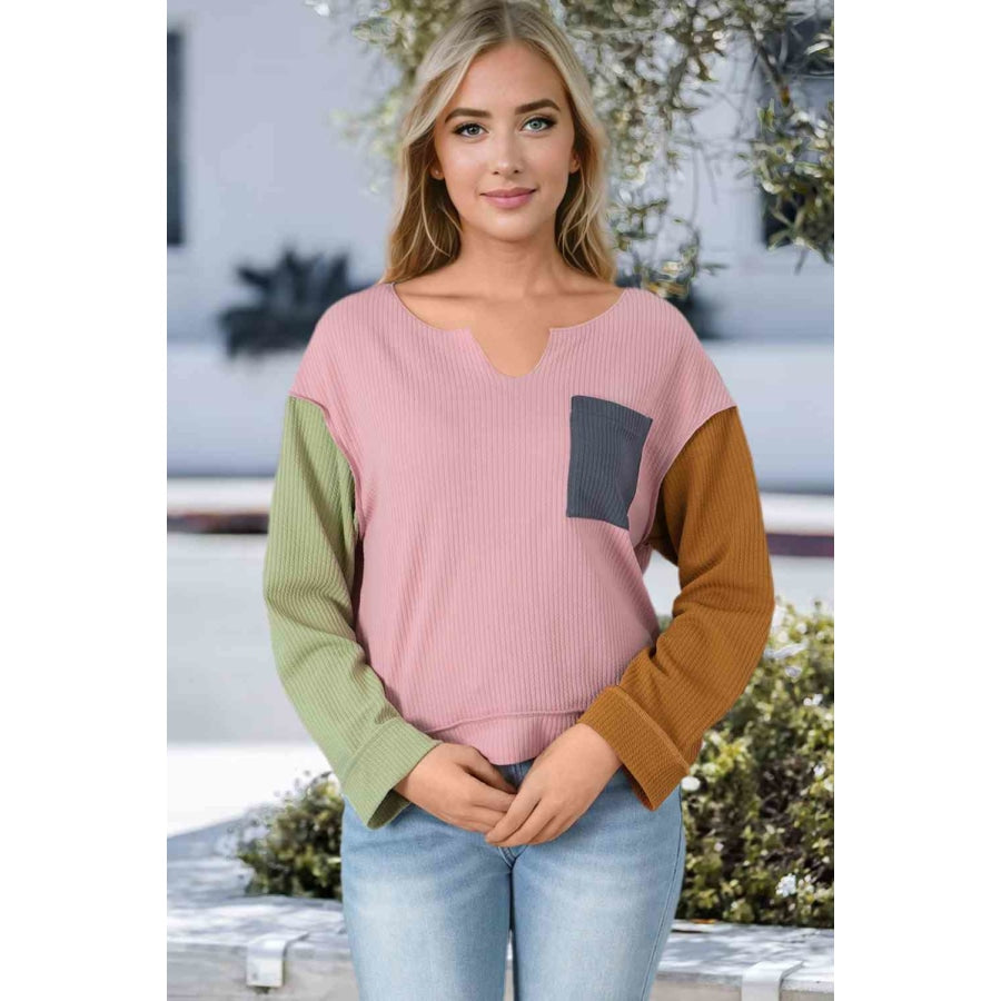 Notch Neck Color Block Top Dusty Pink / S