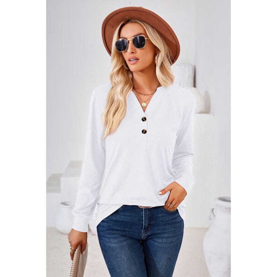 Notched Button Detail Long Sleeve T-Shirt Clothing
