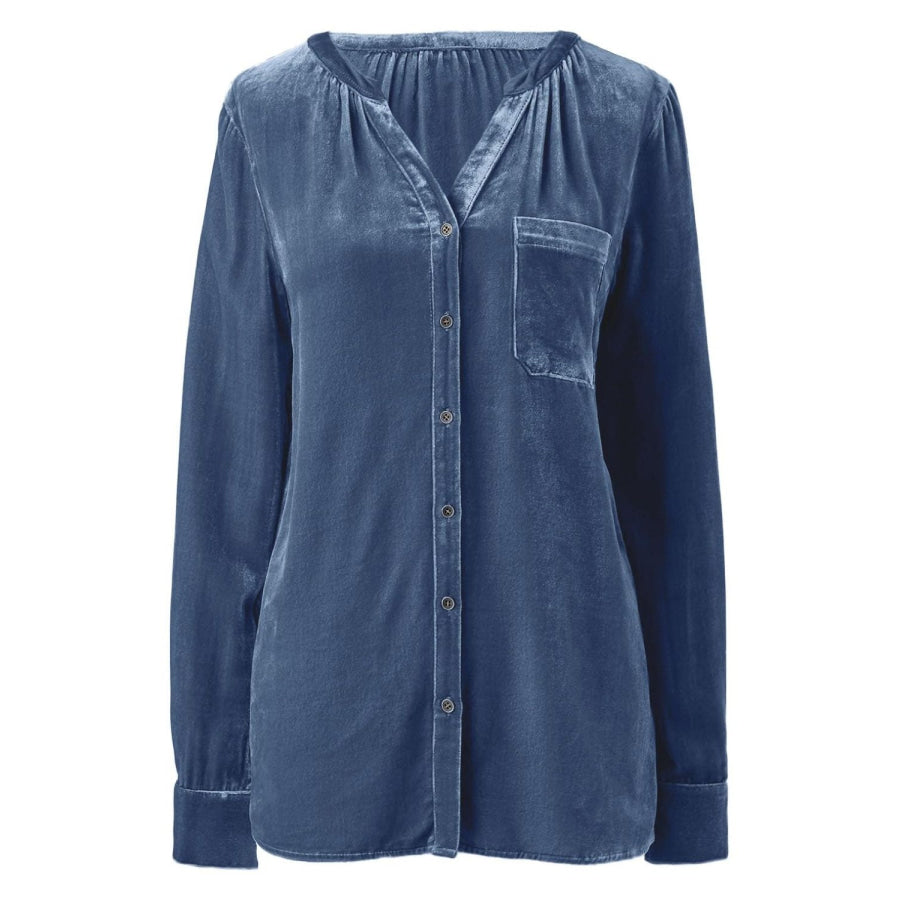 Notched Button Down Long Sleeve Shirt Apparel and Accessories