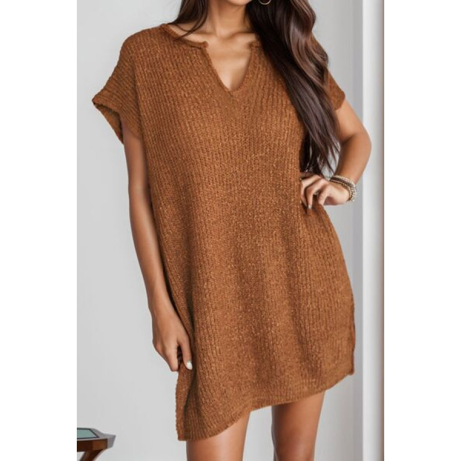 Notched Cap Sleeve Mini Sweater Dress Caramel / S Apparel and Accessories