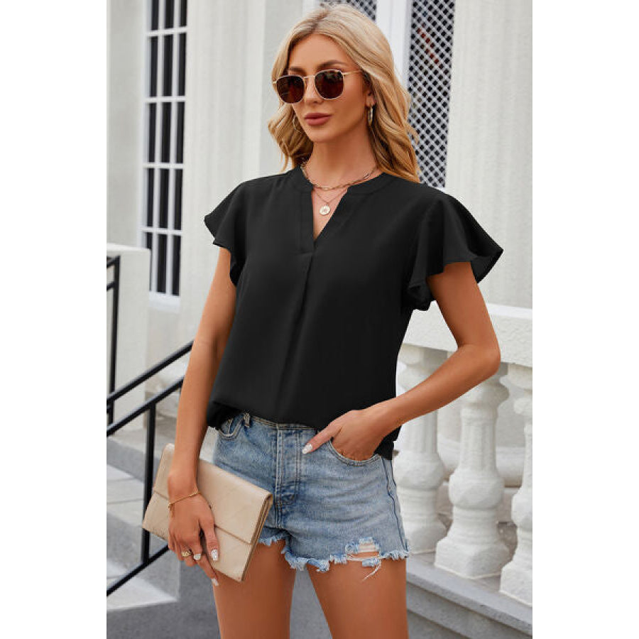 Notched Cap Sleeve T - Shirt Black / S Apparel and Accessories