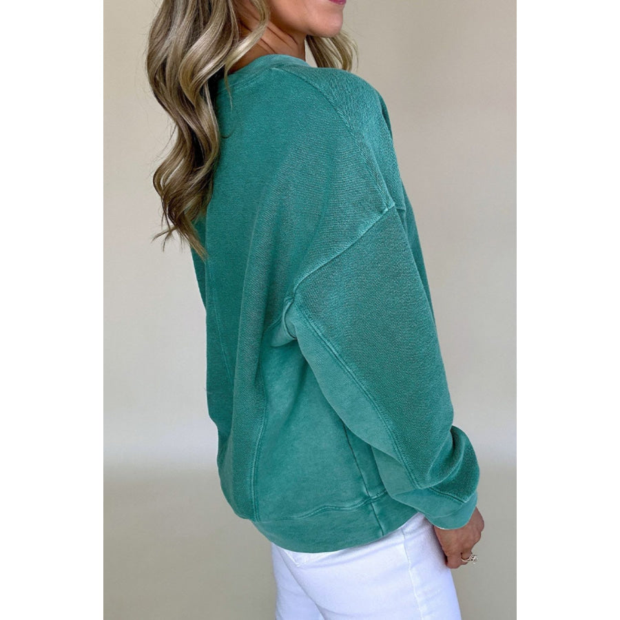 Notched Drop Shoulder Long Sleeve Sweatshirt Apparel and Accessories