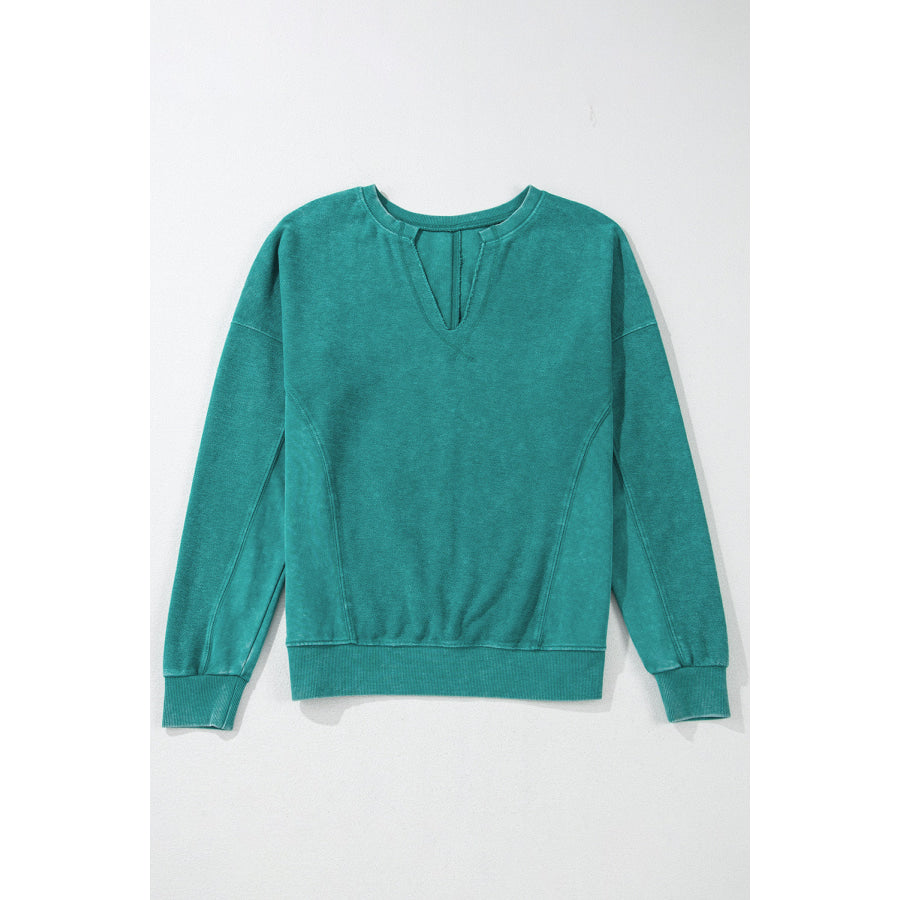 Notched Drop Shoulder Long Sleeve Sweatshirt Apparel and Accessories