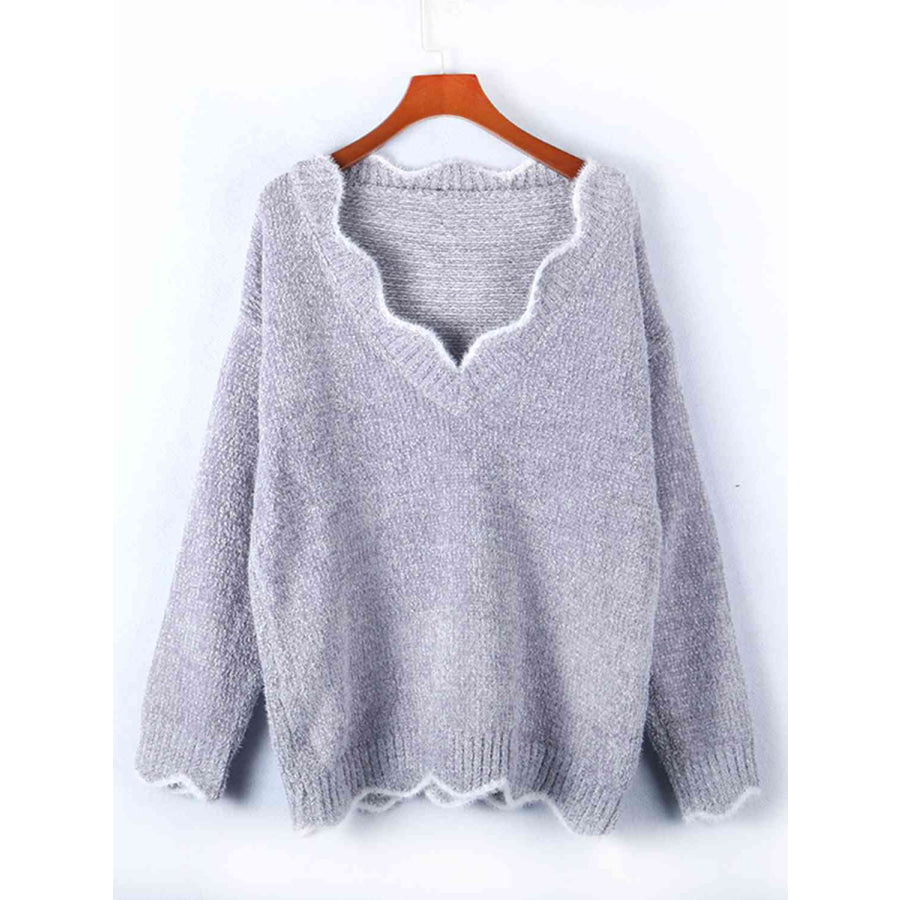 Notched Dropped Shoulder Long Sleeve Sweater Cloudy Blue / S Sweater