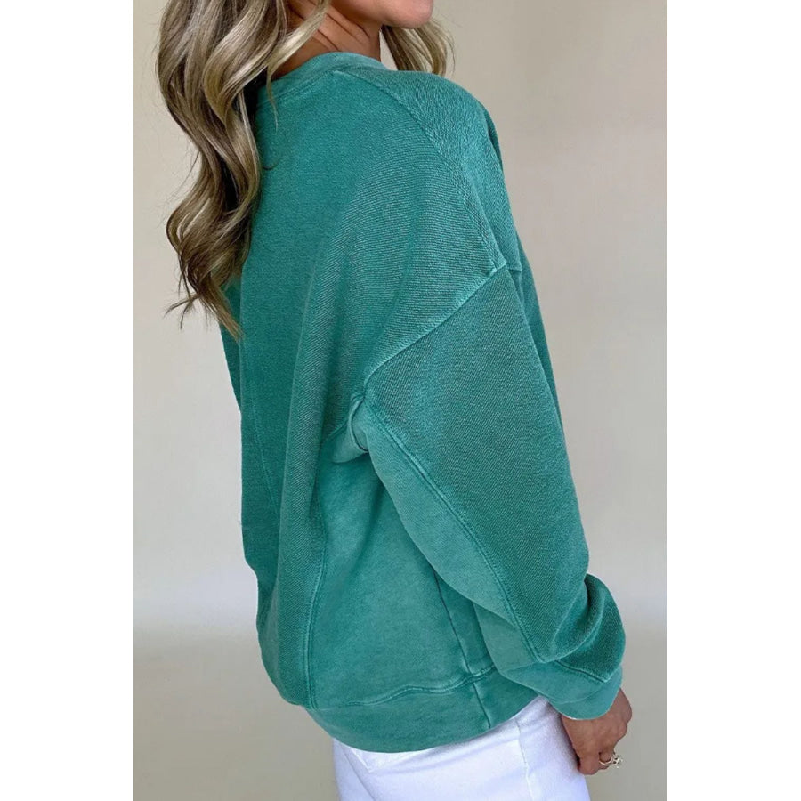 Notched Dropped Shoulder Long Sleeve Sweatshirt Apparel and Accessories