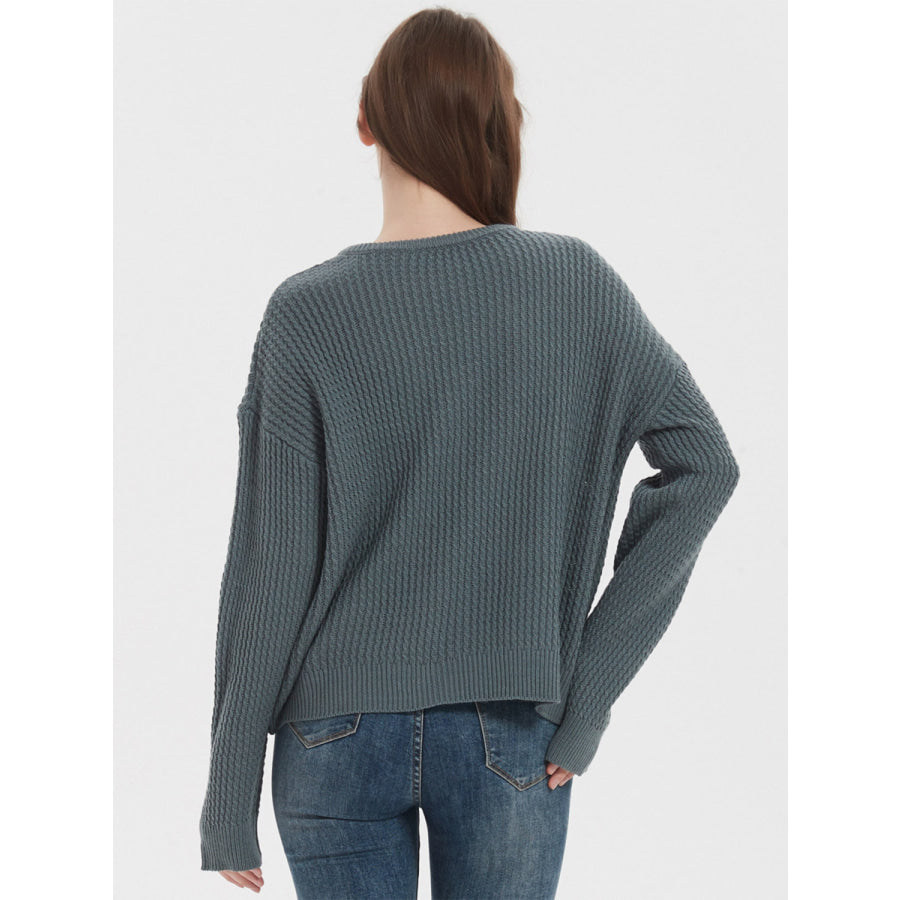 Notched Dropped Shoulder Sweater French Blue / S Apparel and Accessories