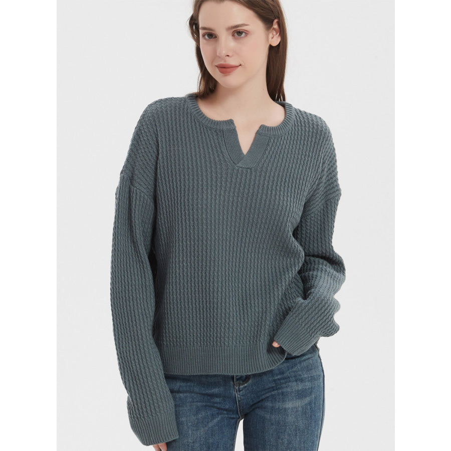 Notched Dropped Shoulder Sweater Apparel and Accessories
