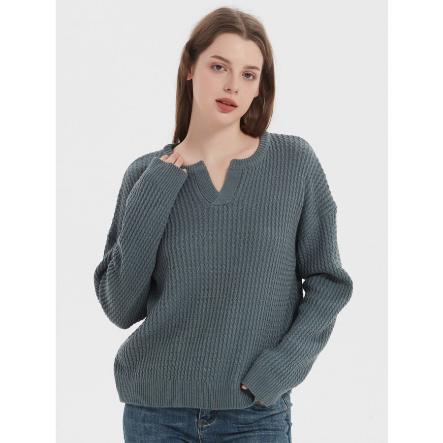 Notched Dropped Shoulder Sweater French Blue / S Apparel and Accessories