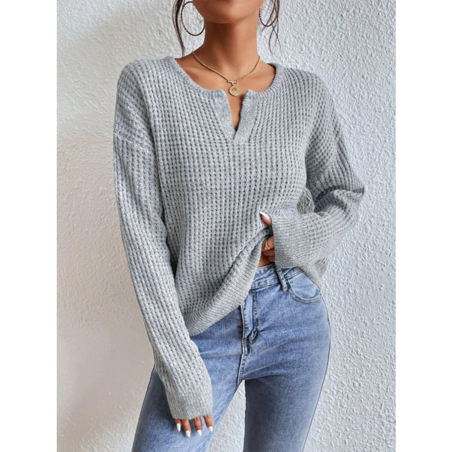 Notched Dropped Shoulder Sweater Light Gray / S Apparel and Accessories
