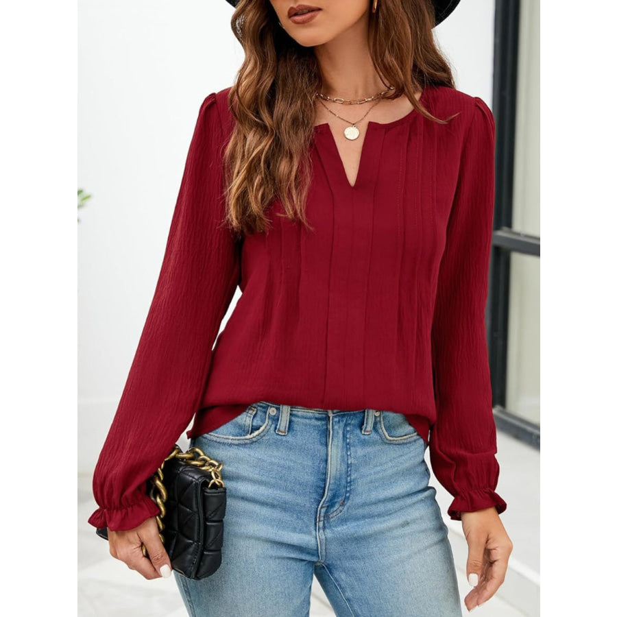 Notched Flounce Sleeve Blouse Wine / S Shirts & Tops