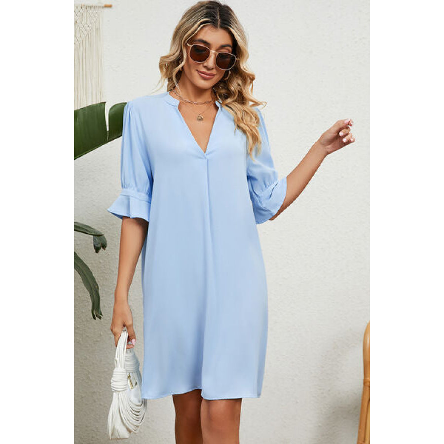 Notched Flounce Sleeve Mini Dress Apparel and Accessories
