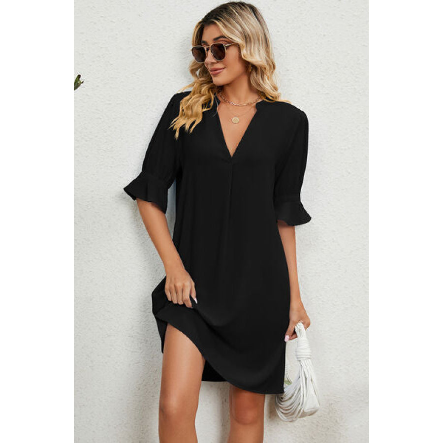 Notched Flounce Sleeve Mini Dress Apparel and Accessories