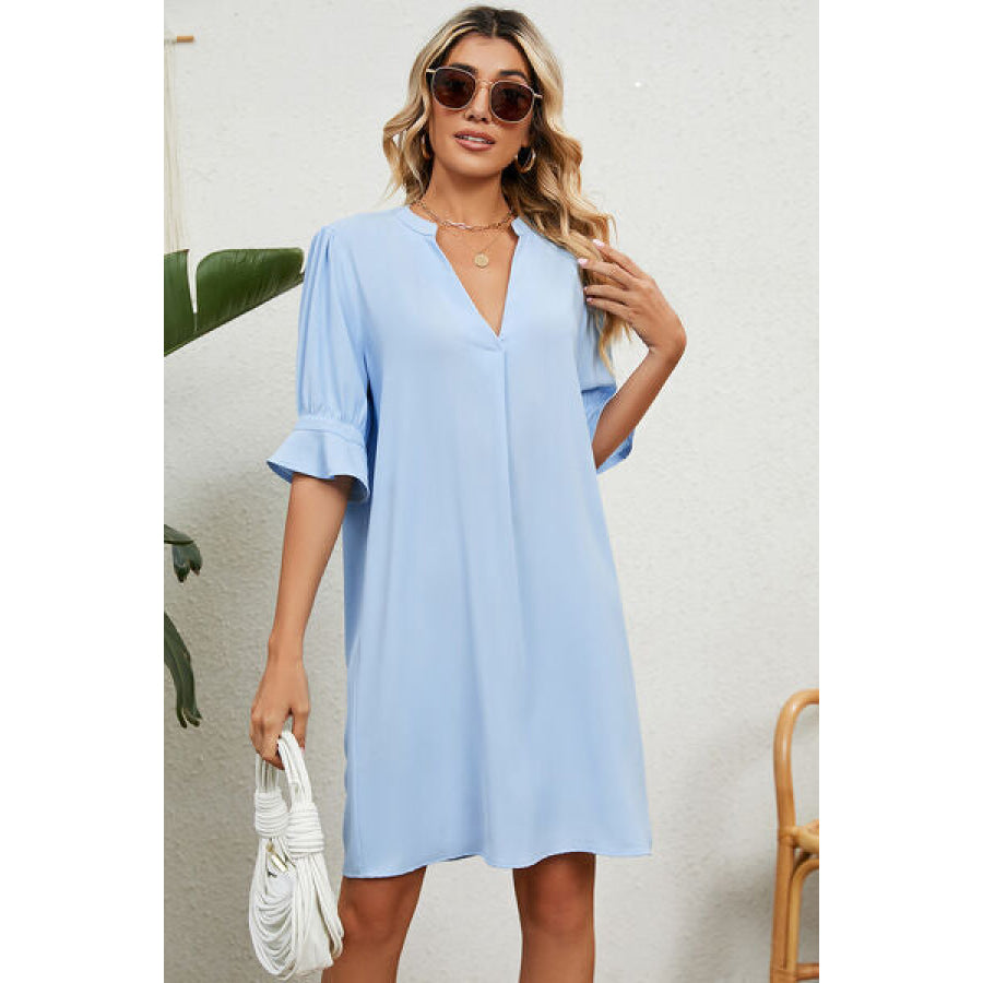 Notched Flounce Sleeve Mini Dress Apparel and Accessories