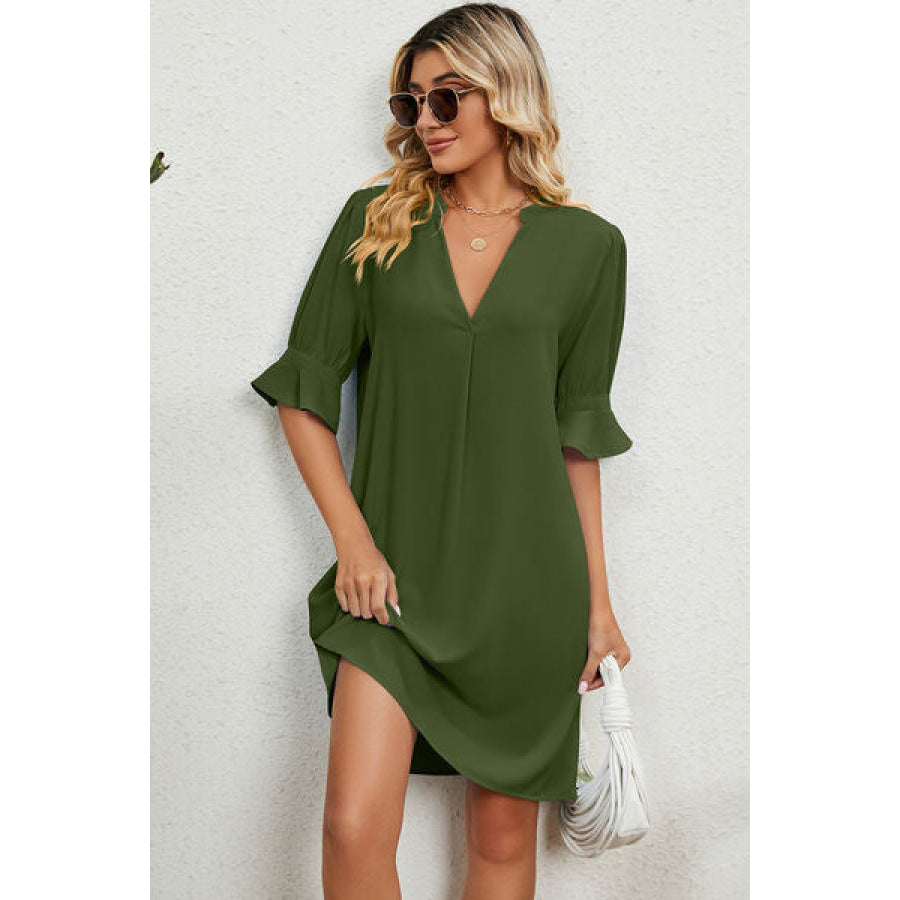 Notched Flounce Sleeve Mini Dress Apparel and Accessories