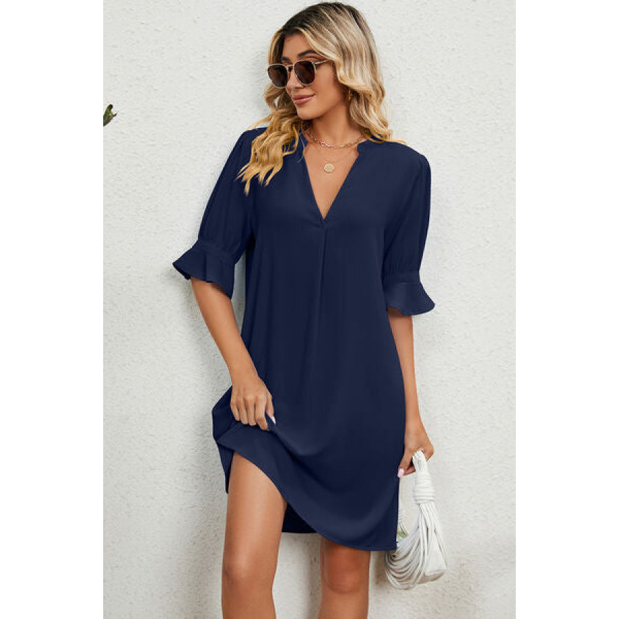 Notched Flounce Sleeve Mini Dress Apparel and Accessories