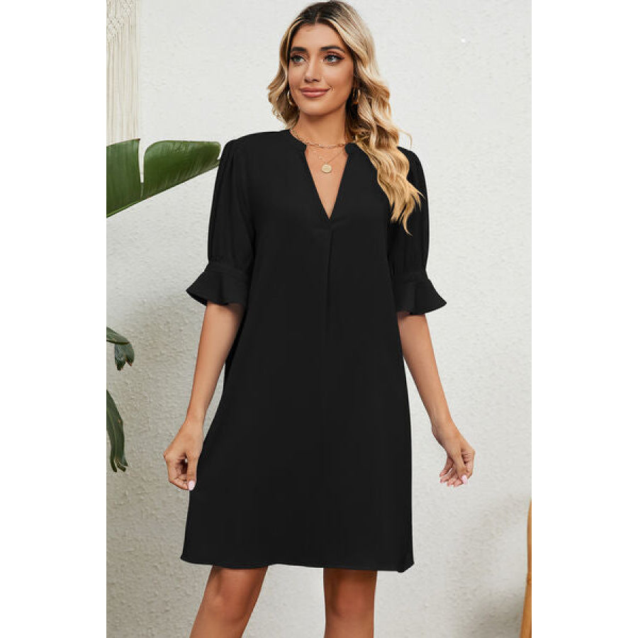 Notched Flounce Sleeve Mini Dress Black / S Apparel and Accessories