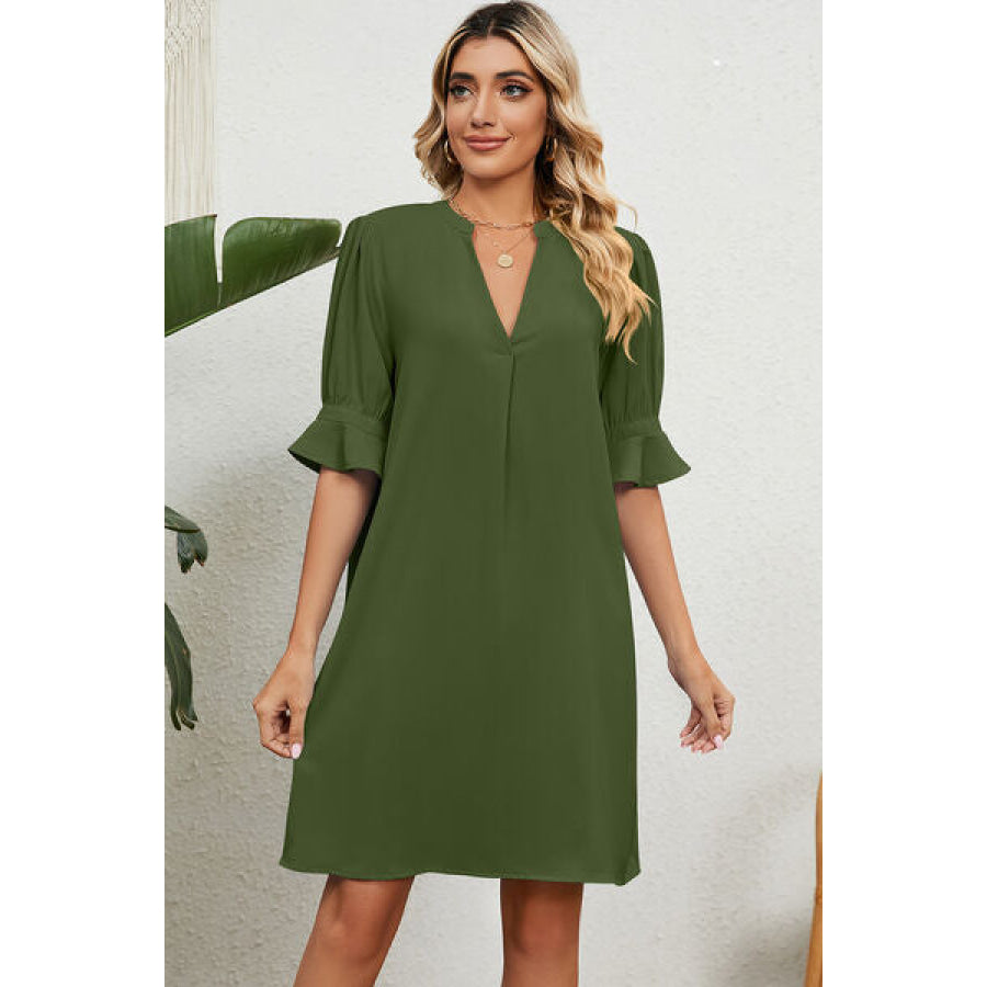 Notched Flounce Sleeve Mini Dress Moss / S Apparel and Accessories