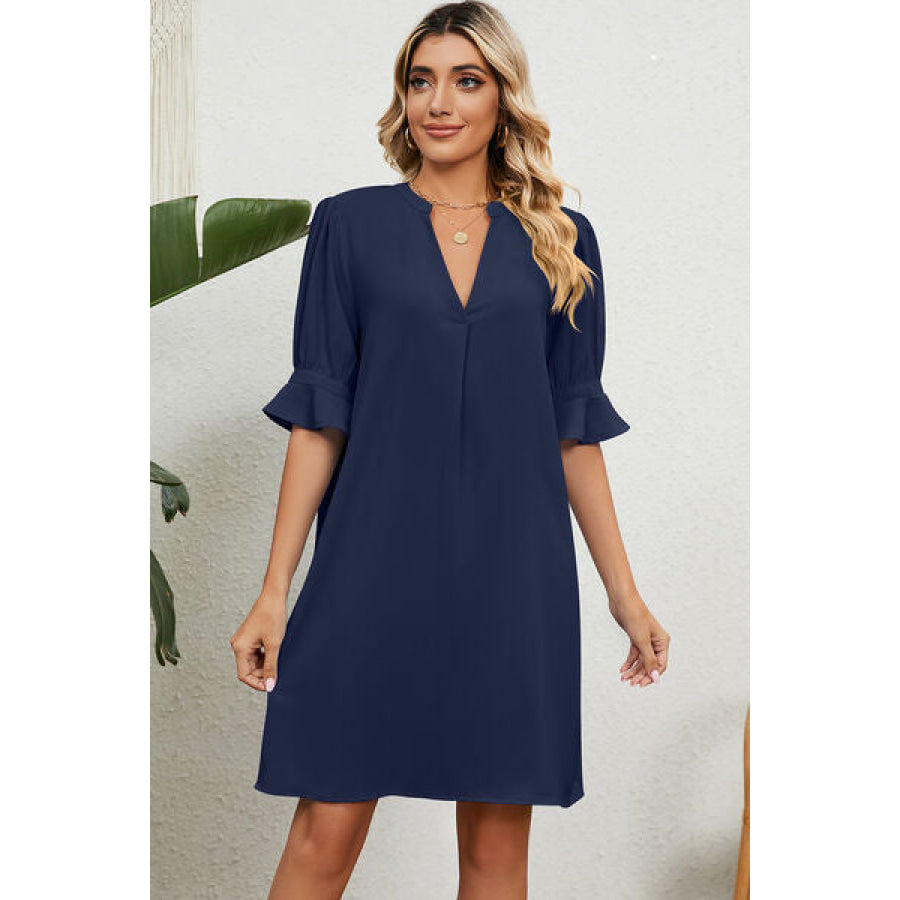 Notched Flounce Sleeve Mini Dress Navy / S Apparel and Accessories