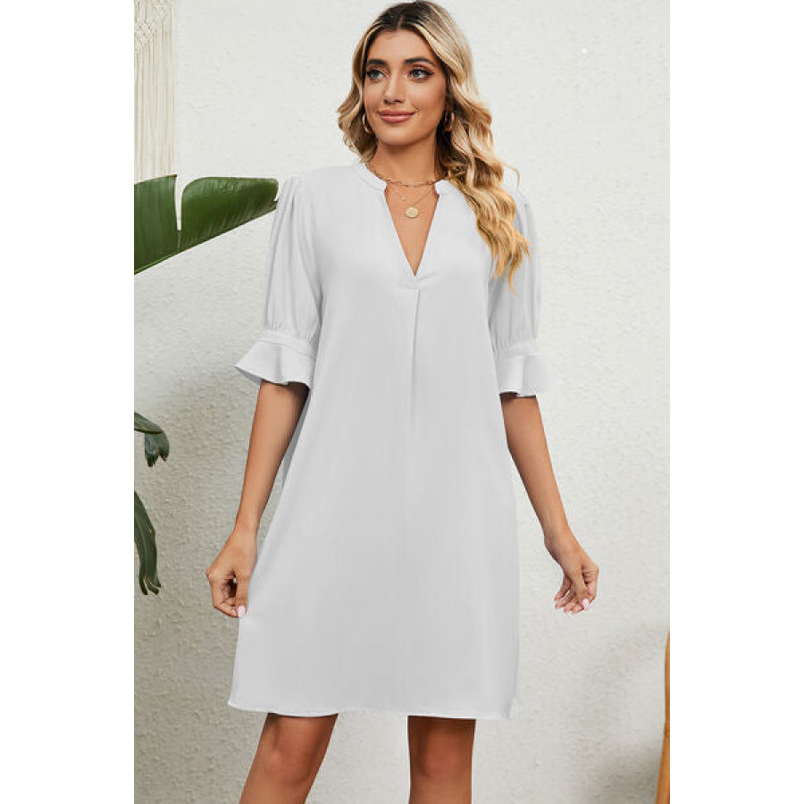 Notched Flounce Sleeve Mini Dress White / S Apparel and Accessories