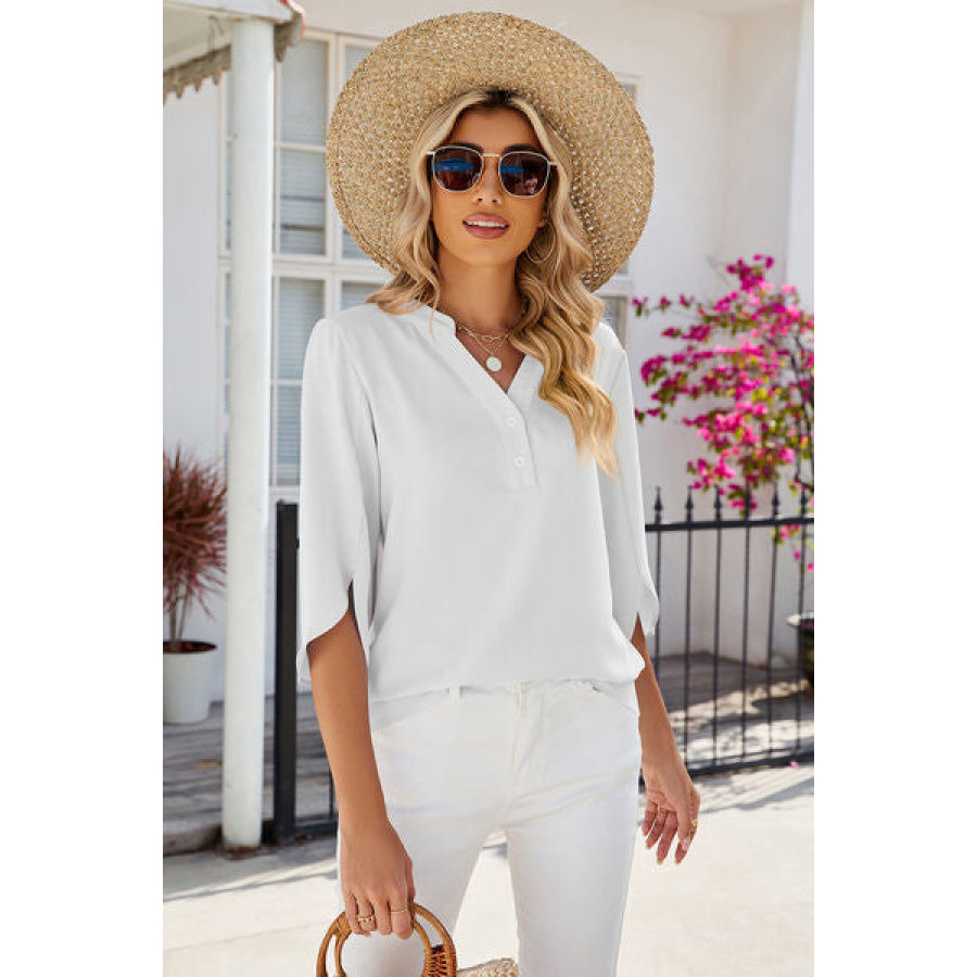 Notched Half Button T - Shirt White / S Apparel and Accessories