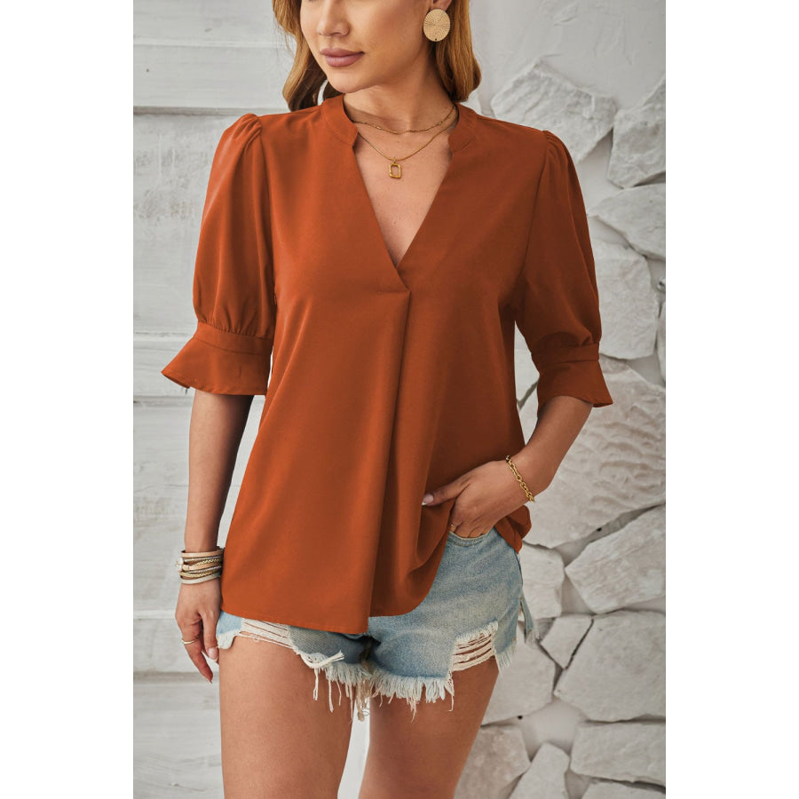 Notched Half Sleeve Blouse Apparel and Accessories