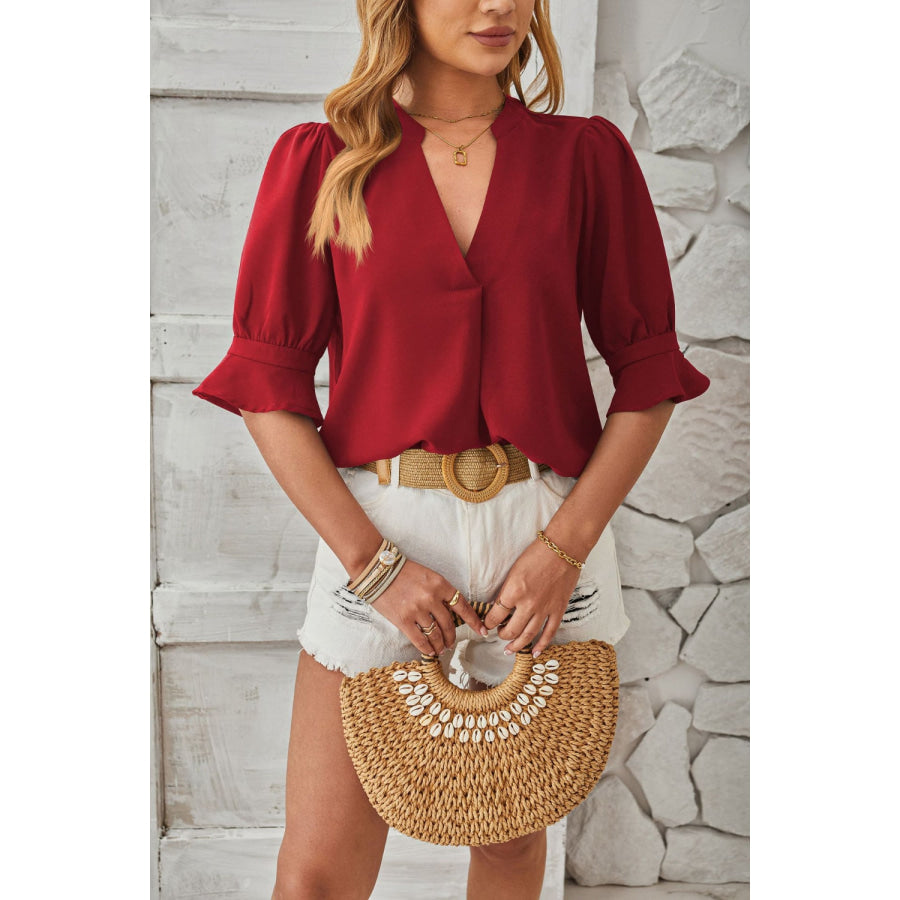 Notched Half Sleeve Blouse Apparel and Accessories