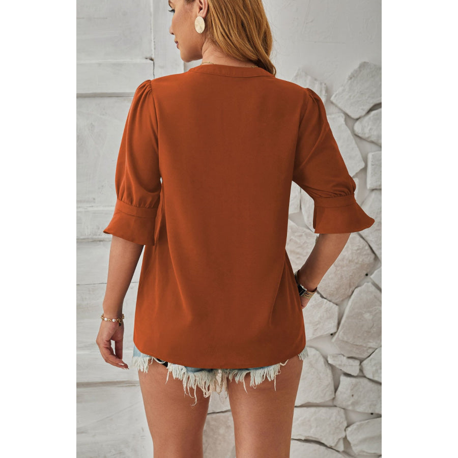 Notched Half Sleeve Blouse Apparel and Accessories