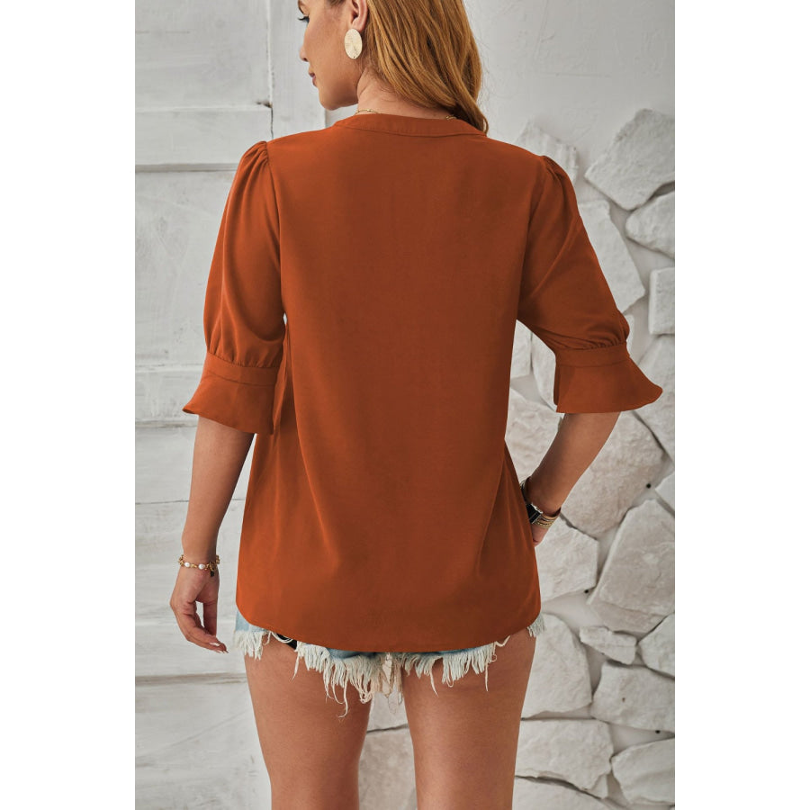 Notched Half Sleeve Blouse Chestnut / S Apparel and Accessories