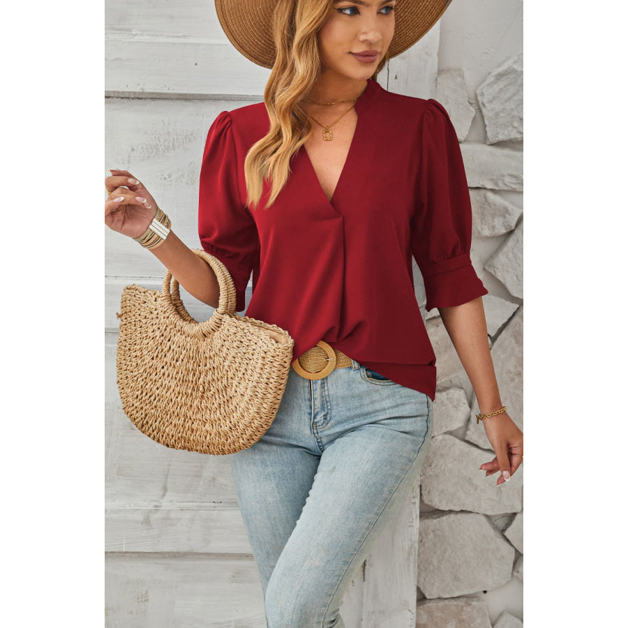 Notched Half Sleeve Blouse Apparel and Accessories