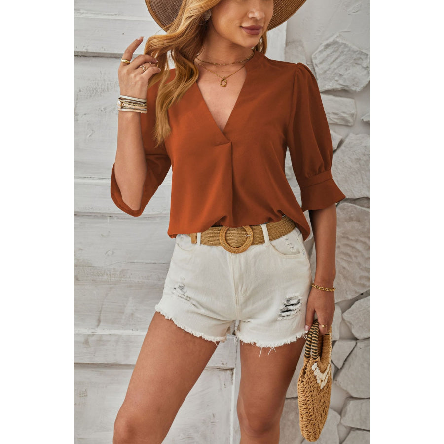 Notched Half Sleeve Blouse Apparel and Accessories