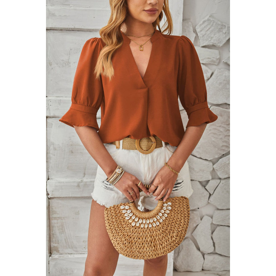 Notched Half Sleeve Blouse Chestnut / S Apparel and Accessories