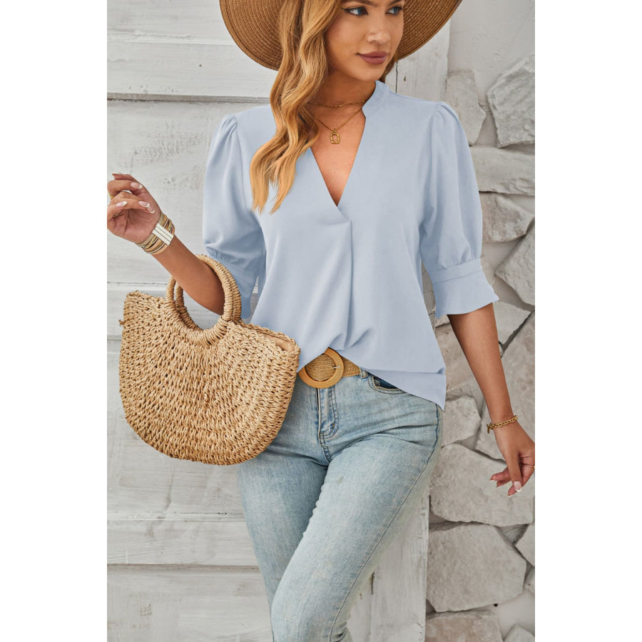 Notched Half Sleeve Blouse Misty Blue / S Apparel and Accessories