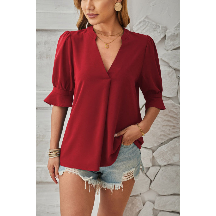Notched Half Sleeve Blouse Wine / S Apparel and Accessories