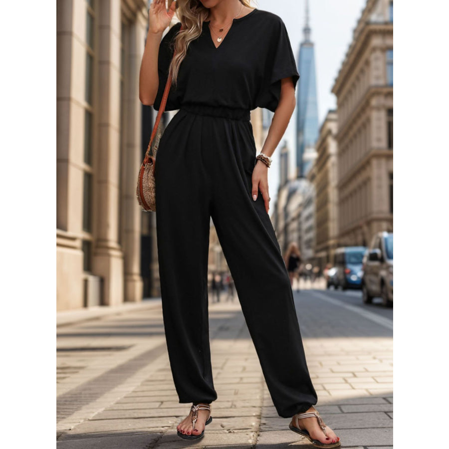 Notched Half Sleeve Straight Jumpsuit Apparel and Accessories
