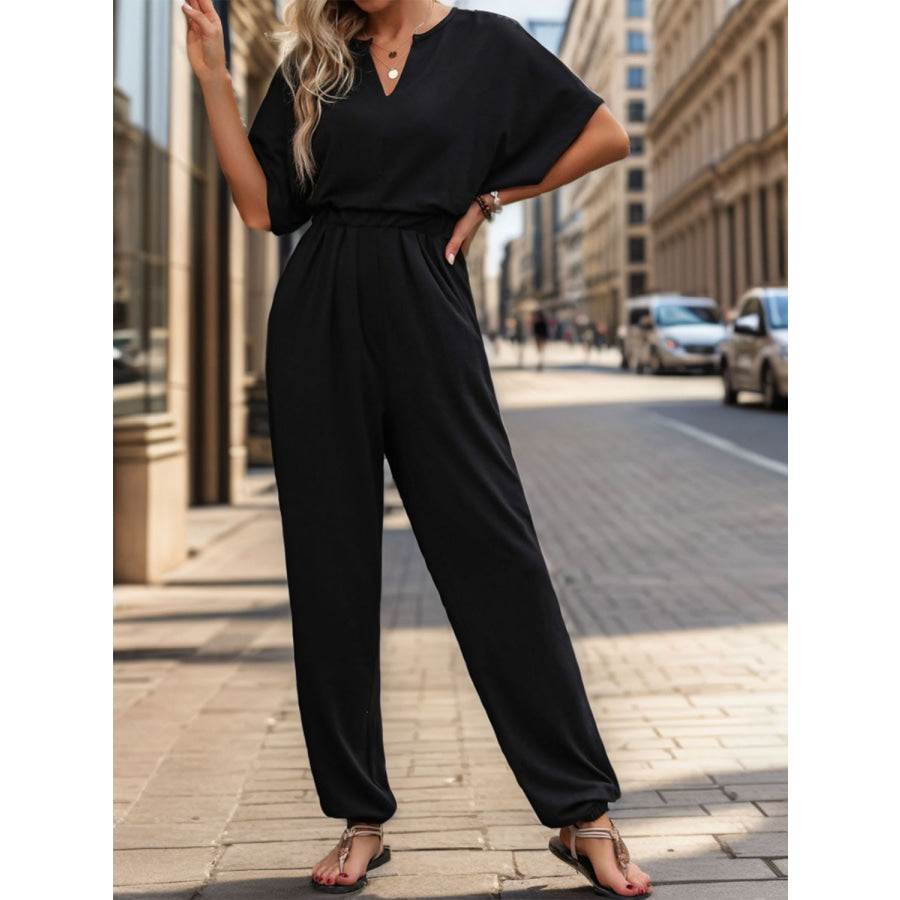 Notched Half Sleeve Straight Jumpsuit Apparel and Accessories