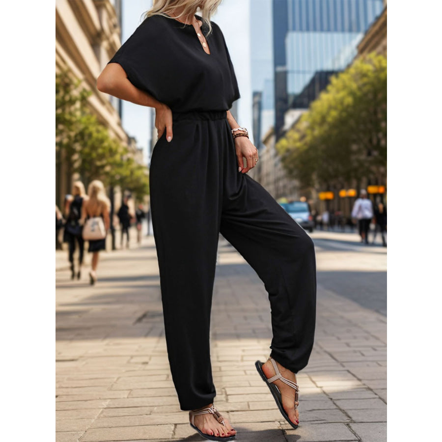 Notched Half Sleeve Straight Jumpsuit Apparel and Accessories